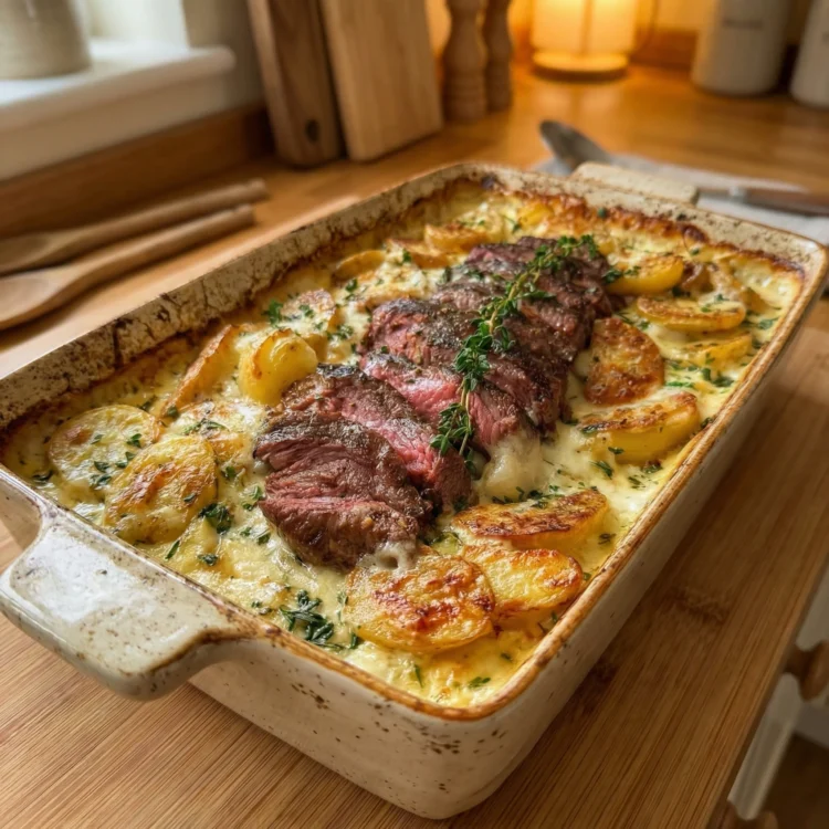 Creamy Garlic Steak Potato Bake