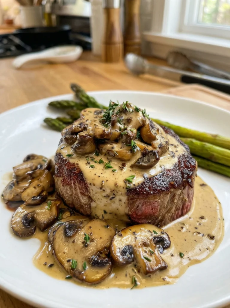 Filet Mignon in Creamy Mushroom Sauce with Asparagus