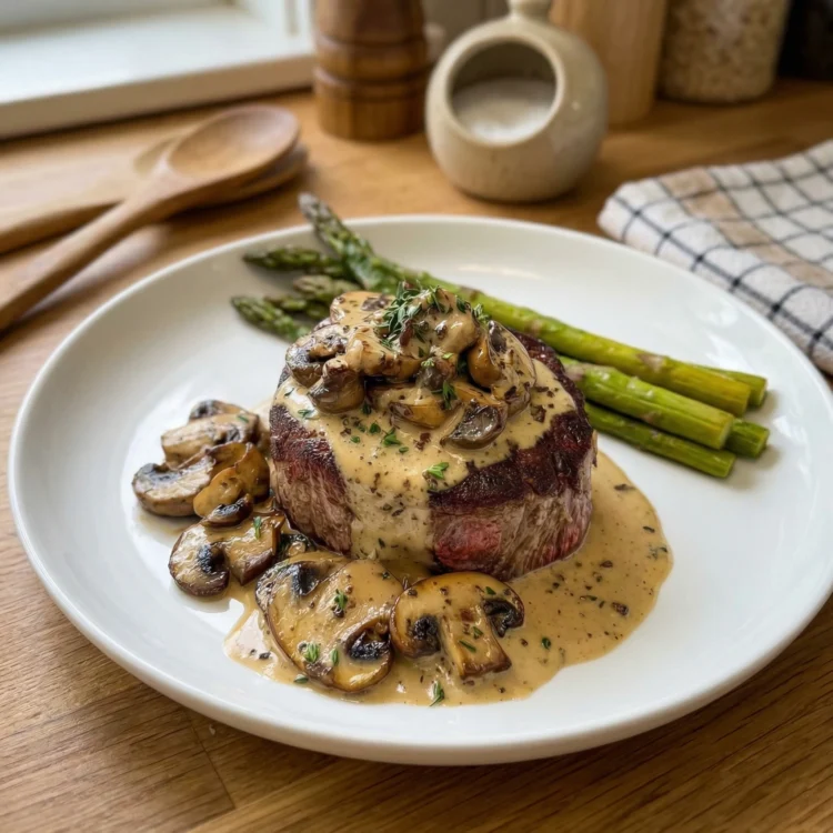 Filet Mignon in Creamy Mushroom Sauce with Asparagus