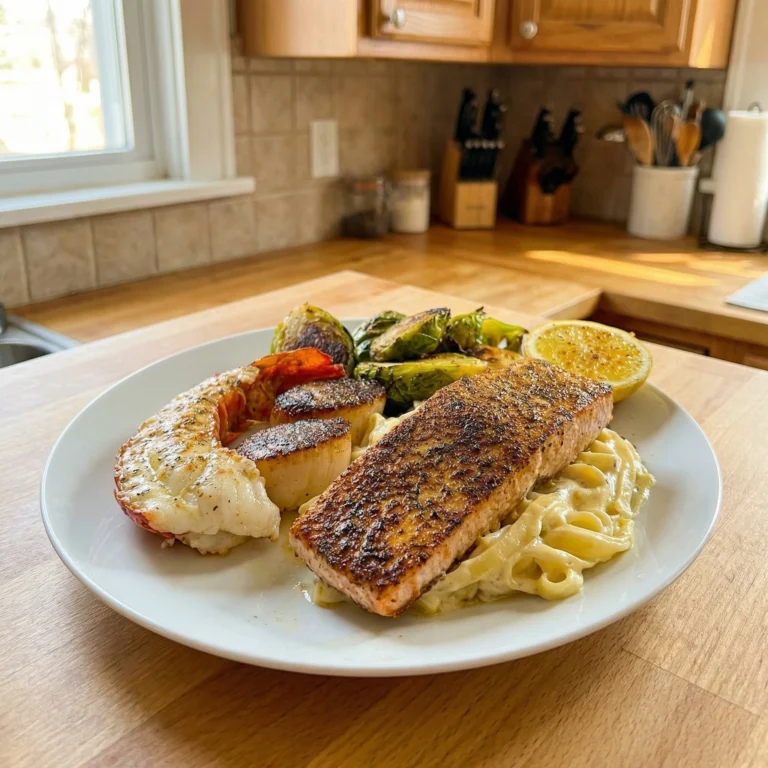 Salmon Alfredo with Lobster Scallops Brussels