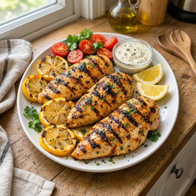 Grilled Lemon Herb Chicken Breasts with Creamy Garlic Sauce