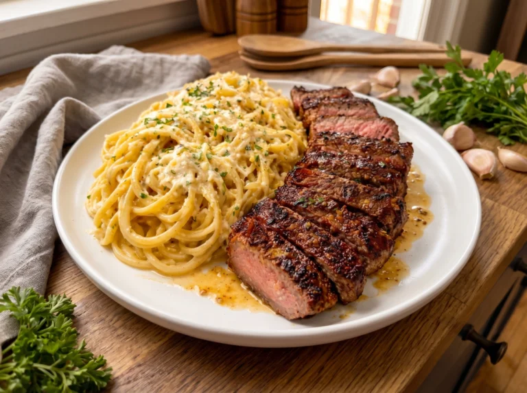 Garlic Butter Steak and Creamy Parmesan Pasta Delight