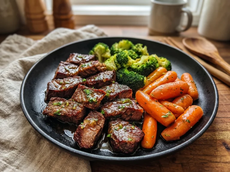 Garlic Butter Steak Bites with Broccoli and Glazed Carrots