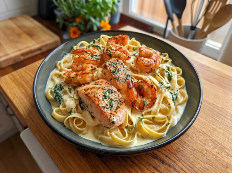 Creamy Salmon and Shrimp Alfredo Pasta