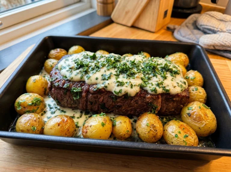 Creamy Garlic Herb Steak with Roasted Baby Potatoes