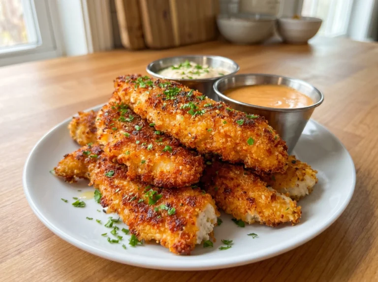 Crispy Parmesan Chicken Tenders with Creamy Garlic Dip