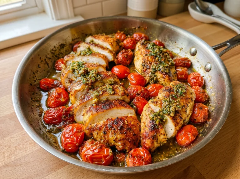 Garlic Pesto Chicken with Burst Cherry Tomatoes