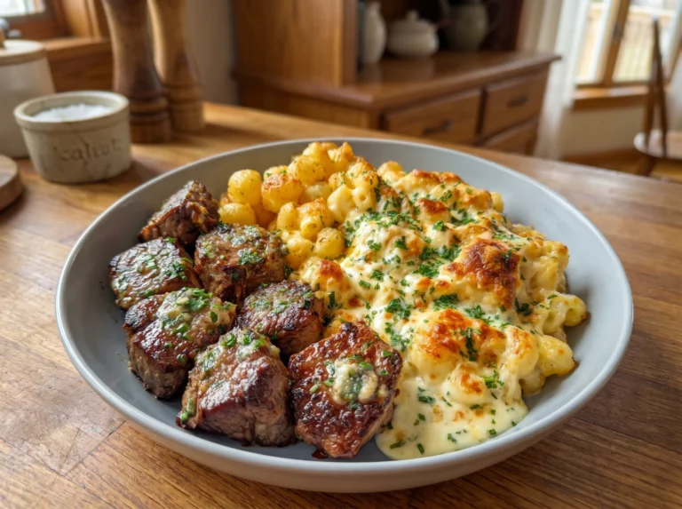 Garlic Butter Steak Bites with Creamy Baked Mac and Cheese