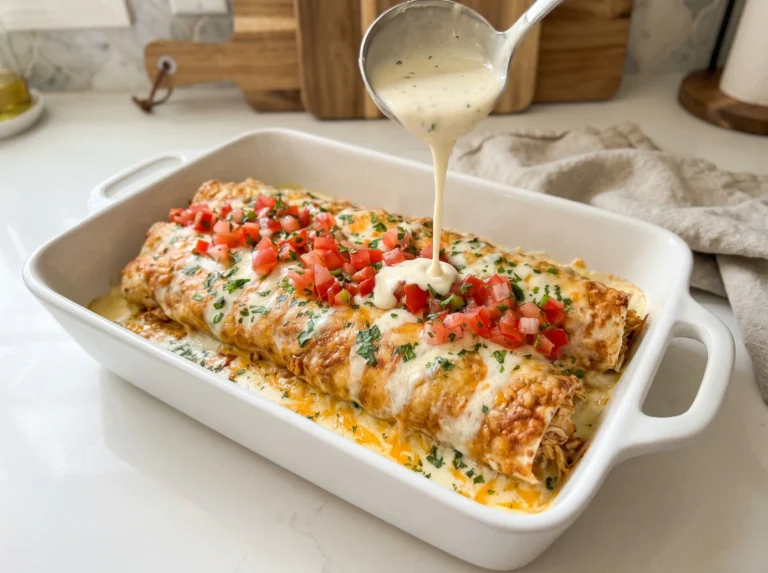 Creamy White Chicken Enchiladas with Queso Sauce