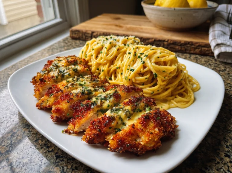 Crispy Garlic Parmesan Chicken with Creamy Spaghetti