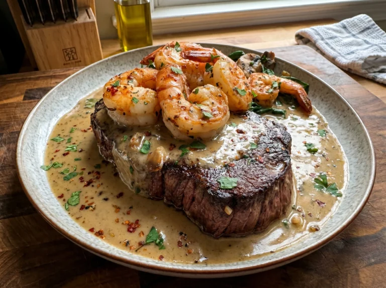Steak Shrimp in Creamy Garlic Peppercorn Sauce
