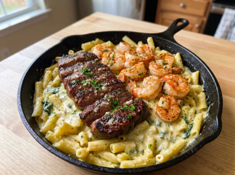 Creamy Garlic Steak Shrimp Pasta