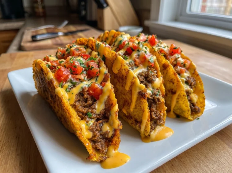 Loaded Cheesy Beef Tacos with Creamy Queso Sauce