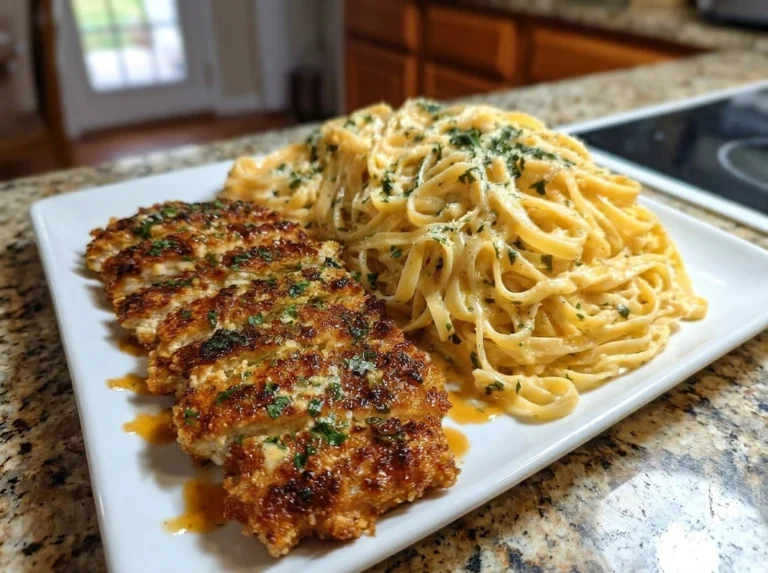 Crispy Garlic Parmesan Chicken with Creamy Alfredo Pasta