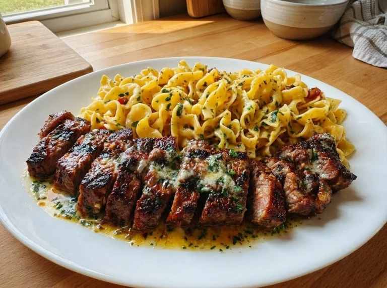 Garlic Butter Steak Bites with Creamy Parmesan Pasta
