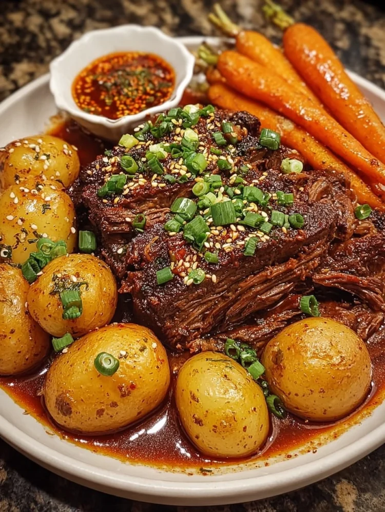 Korean-Style Braised Beef with Baby Potatoes and Glazed Carrots