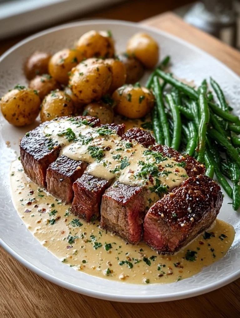 Creamy Mustard Steak with Baby Potatoes and Green Beans