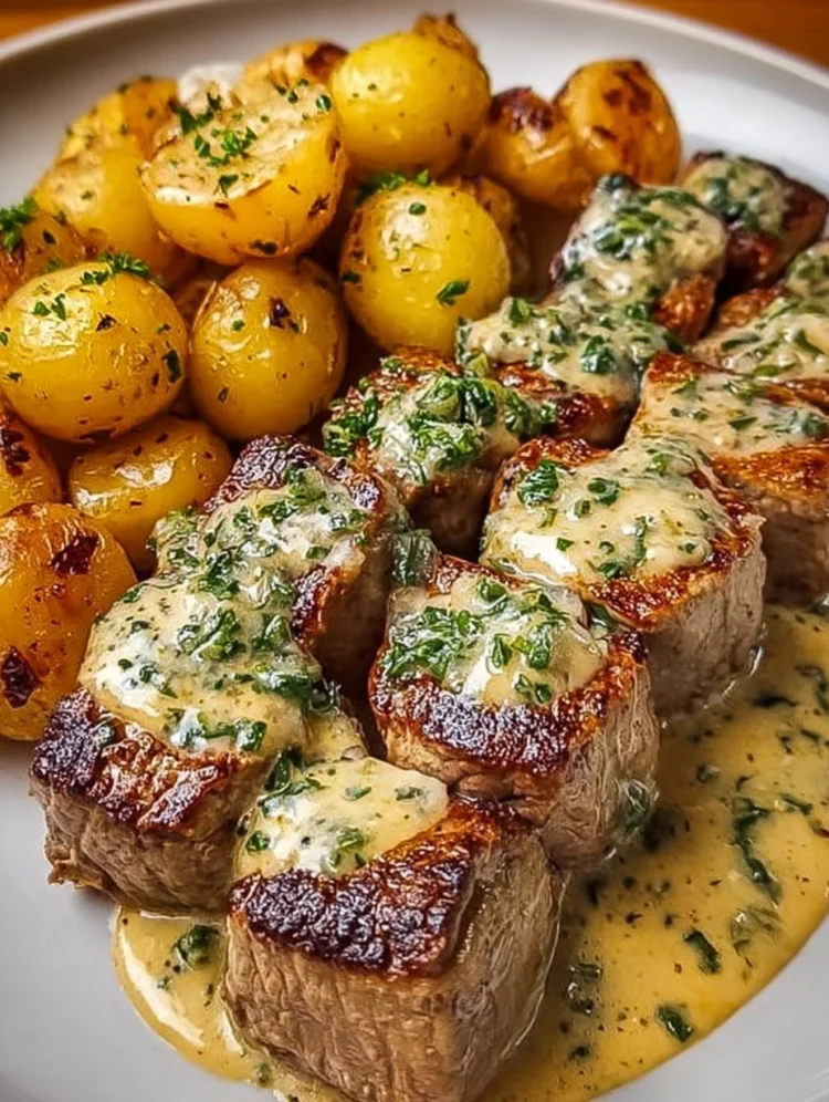 Creamy Garlic Herb Steak Bites with Roasted Baby Potatoes