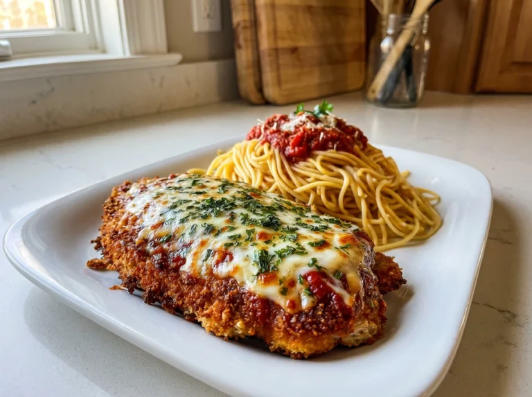 Golden Crispy Chicken Parmesan with Classic Spaghetti