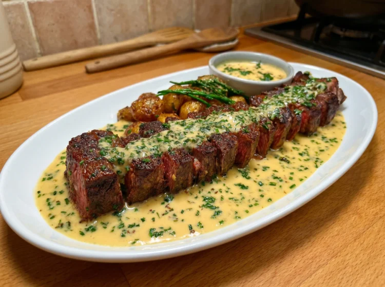 Seared Steak with Creamy Garlic Herb Sauce