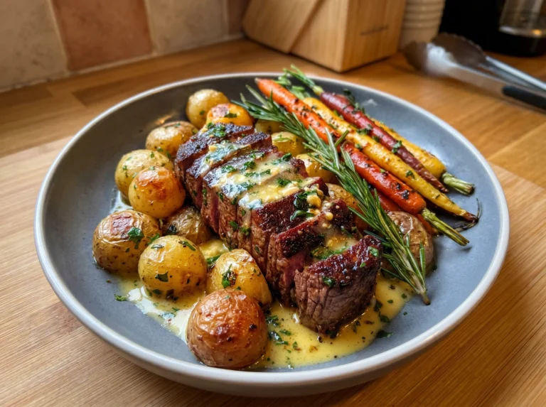 Sizzling Garlic Butter Steak Golden Roasted Potatoes