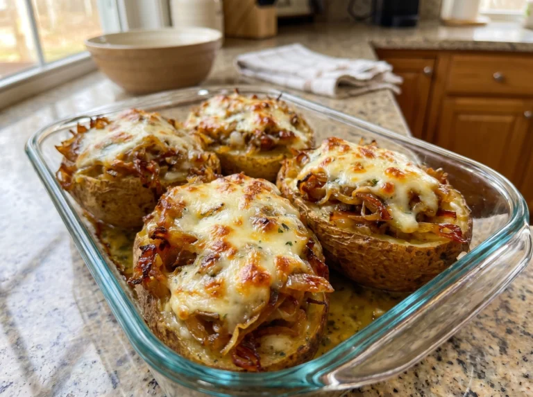 Cheesy Stuffed Baked Potatoes with Caramelized Onions