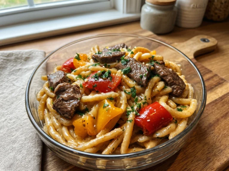 Creamy Garlic Steak Pasta with Bell Peppers