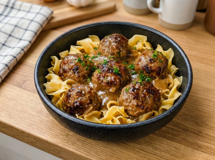 Savory Beef Meatballs with Egg Noodles & Onion Gravy