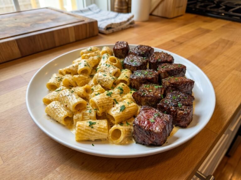 Garlic Butter Steak Bites with Creamy Parmesan Rigatoni