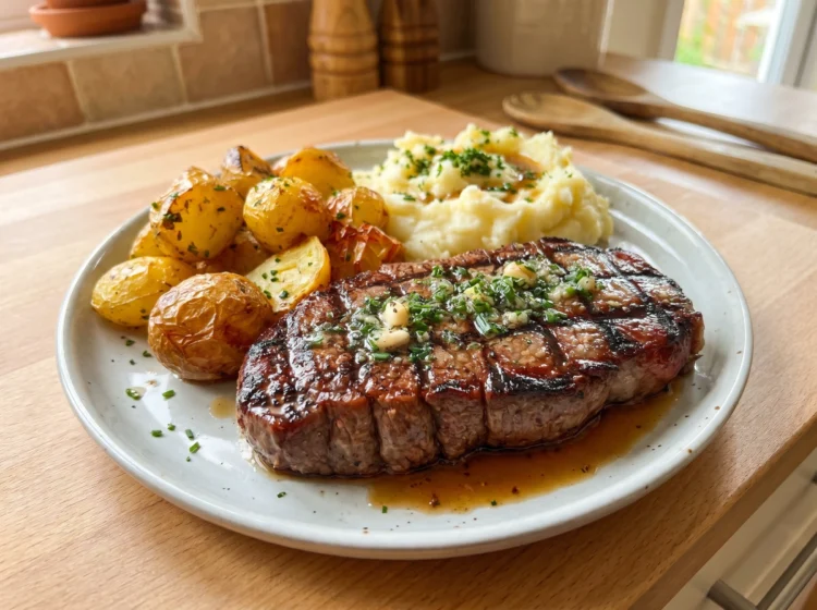 Garlic Herb Steak with Roasted Potatoes and Creamy Mash