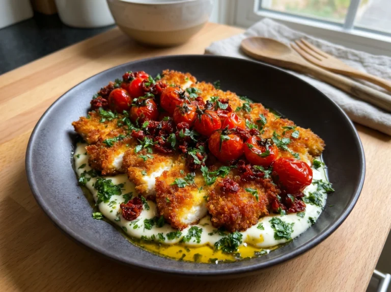 Crispy Feta Cutlets with Roasted Cherry Tomatoes