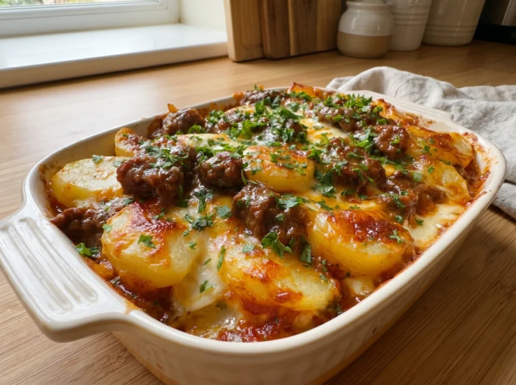 Golden Cheesy Beef Potato Bake