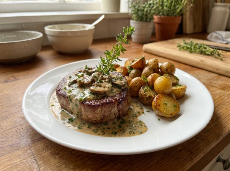 Creamy Mushroom Steak with Roasted Potatoes