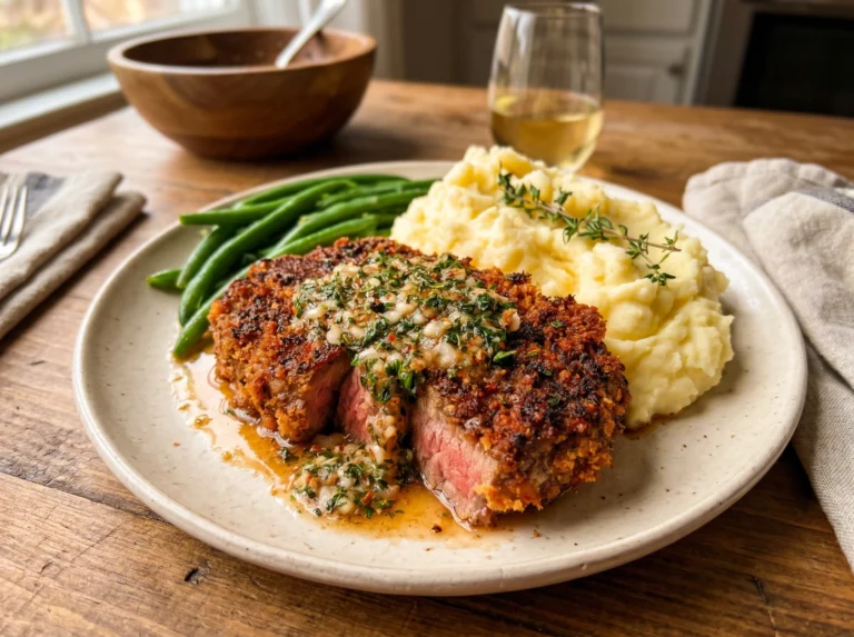 Crispy Breaded Steak with Garlic Butter Mash