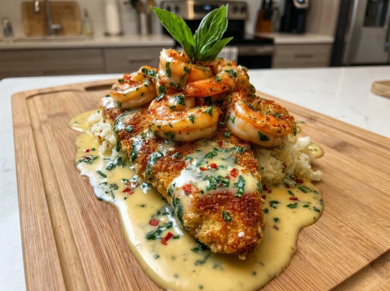 Creamy Garlic Shrimp-Crowned Chicken