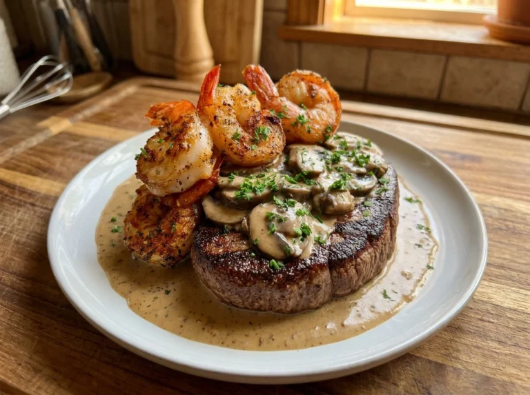 Steak Shrimp with Creamy Garlic Mushroom Sauce