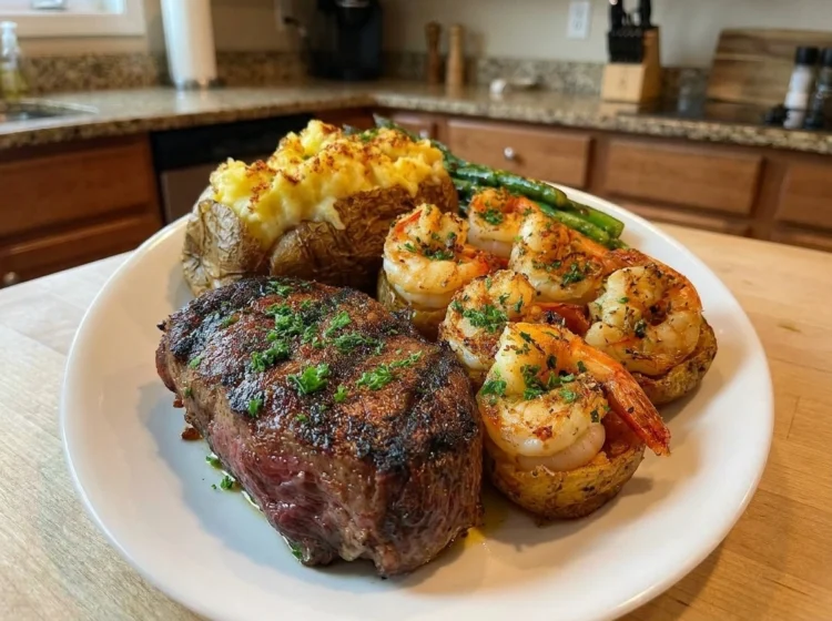Steak Garlic Shrimp Dinner with Loaded Potatoes