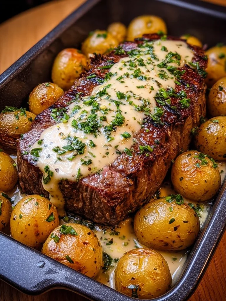 Creamy Garlic Butter Steak Roast with Baby Potatoes