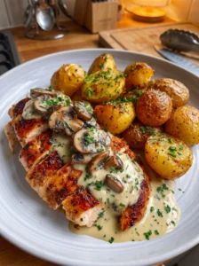 Creamy Garlic Mushroom Chicken with Roasted Herb Potatoes