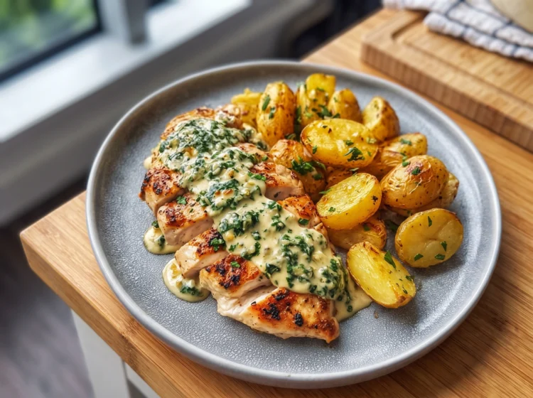 Creamy Garlic Spinach Chicken with Roasted Potatoes