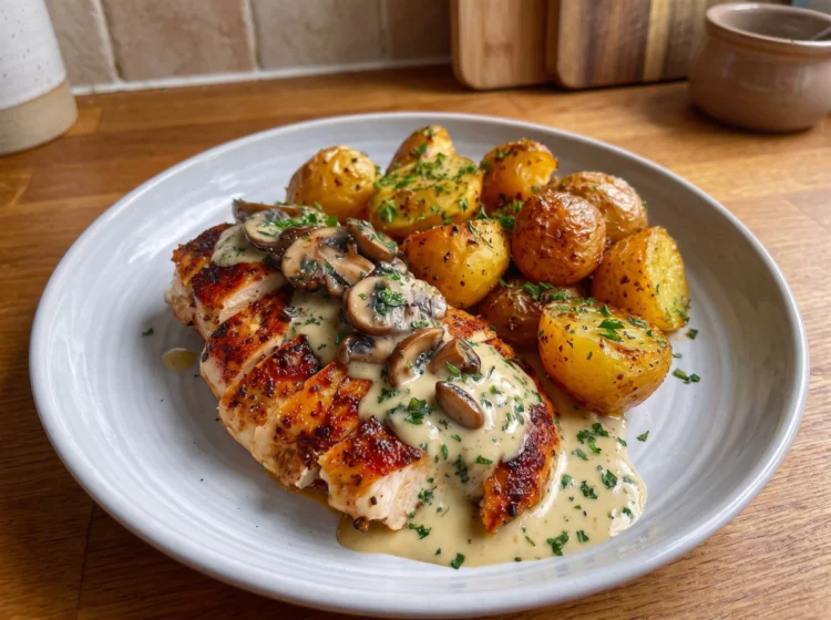 Creamy Garlic Mushroom Chicken with Roasted Herb Potatoes