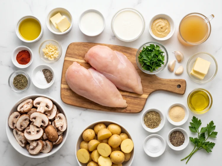 Creamy Garlic Mushroom Chicken with Roasted Herb Potatoes